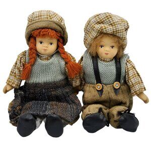 Vintage Ragamuffin Boy & Girl Porcelain & Sawdust Dolls Hand Painted Faces